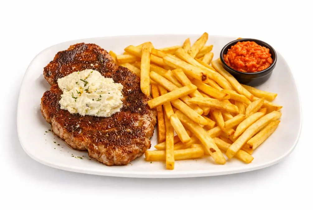 Pljeskavica s kajmakom i pommes frites