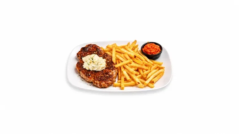 Pljeskavica s kajmakom i pommes frites, ajvar