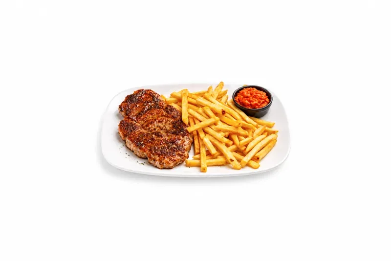 Pljeskavica na žaru i pommes frites, ajvar